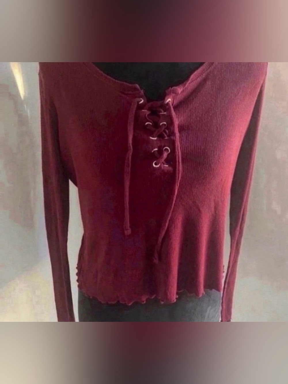 Women’s Long Sleeve Lace-Up Ribbed Long-Sleeve Top - Burgundy (Size L)